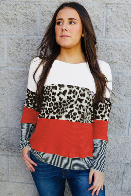 Orange Stripes Leopard Splicing Colorblock Long Sleeve Top