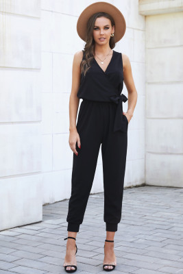 Black Deep V-neck Sleeveless Solid Jumpsuit