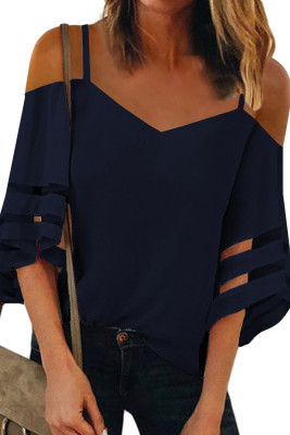 Blue Spaghetti Straps Cold Shoulder Mesh Insert Bell Sleeve Blouse