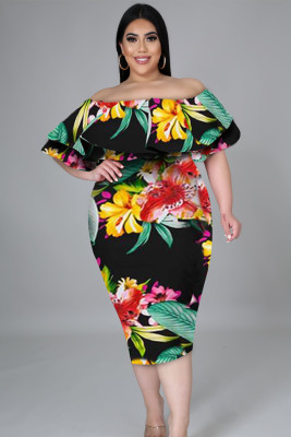 Black Off Shoulder Floral Plus Size Midi Dress