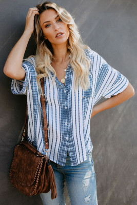 Sky Blue V Neck Stripes Roll Up Sleeve Button Up Shirt