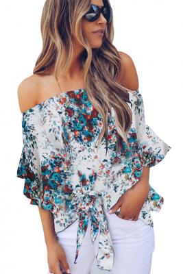 White Off Shoulder Floral Tie Front High Low Chiffon Blouse