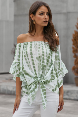 Green Tie Dye Plaid Off Shoulder Blouse