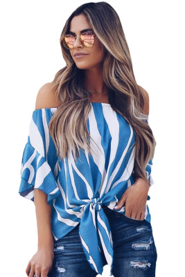 Off The Shoulder Vertical Stripes Blouse in Blue