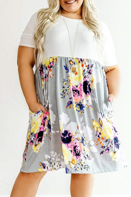 White Plus Size Floral Print Colorblock Midi Dress