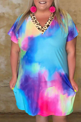 V Neck Tie Dye Leopard Splicing Plus Size Mini Dress