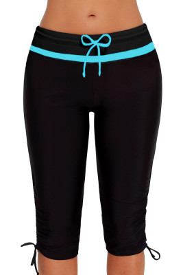 Sky Blue Stripe Mid Waist Skinny Rash Guard Bottom Shorts with Drawstring Ruches