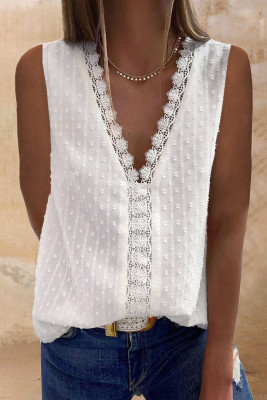White Crochet V Neck Textured Tank Top