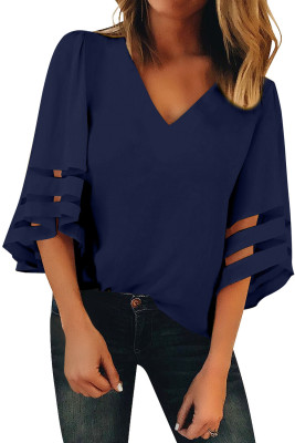 Blue Flare Sleeve V Neck Loose Blouse