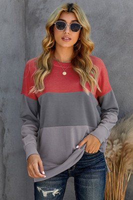 Colorblock Gray Contrast Stitching Sweatshirt with Slits