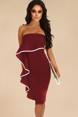 Wine Frill Strapless Midi Dress