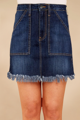 Blue Distressed Hem Denim Skirt