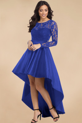 Royal Blue Long Sleeve Lace High Low Satin Prom Dress