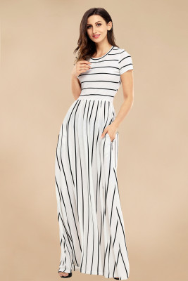 Black Striped White Short Sleeve Maxi Dress