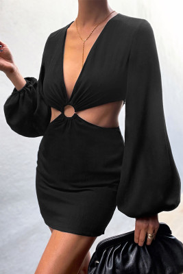 Black V Neck Cut-out Puff Long Sleeve Mini Dress