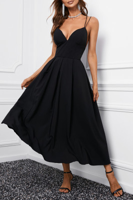 Black Criss Cross Backless Spaghetti Strap Maxi Dress