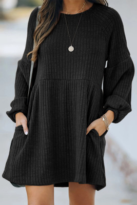 Black Round Neck Empire Waist Ribbed Knit Dress