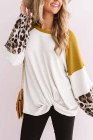 Leopard Color Block Sleeve Crew Neck Twist T-Shirt