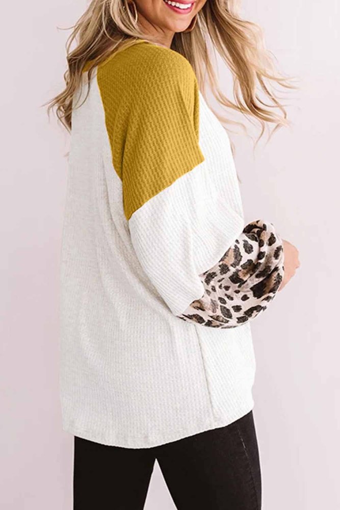 Leopard Color Block Sleeve Crew Neck Twist T-Shirt