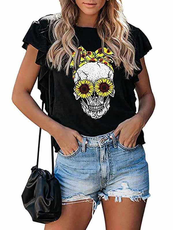 Ruffle Short Sleeve Crew Neck Skull Print T-Shirt