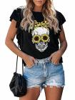Ruffle Short Sleeve Crew Neck Skull Print T-Shirt