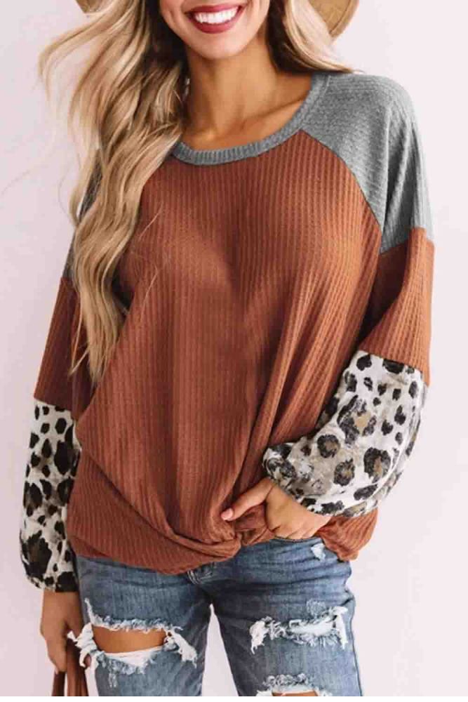 Leopard Color Block Sleeve Crew Neck Twist T-Shirt