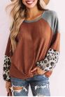 Leopard Color Block Sleeve Crew Neck Twist T-Shirt