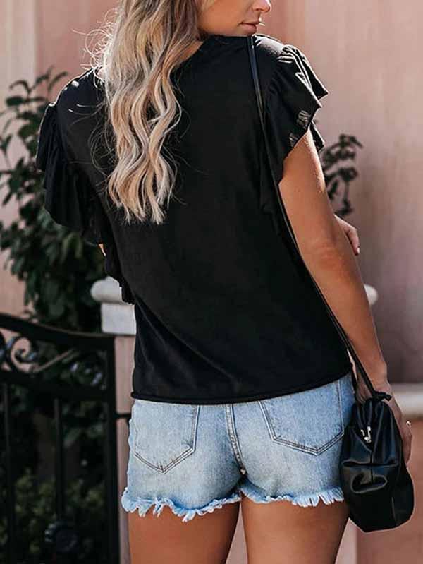 Ruffle Short Sleeve Crew Neck Skull Print T-Shirt