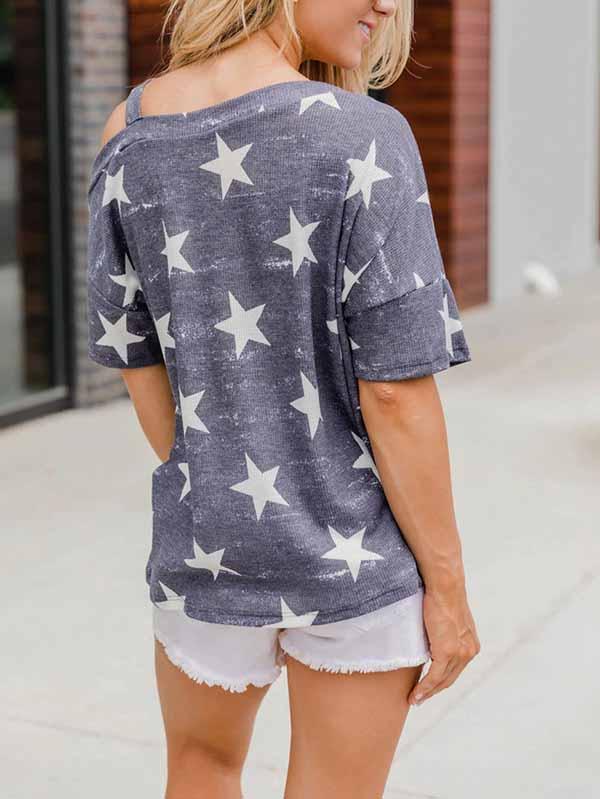 Short Sleeve Cold Shoulder Stars Print T-Shirt