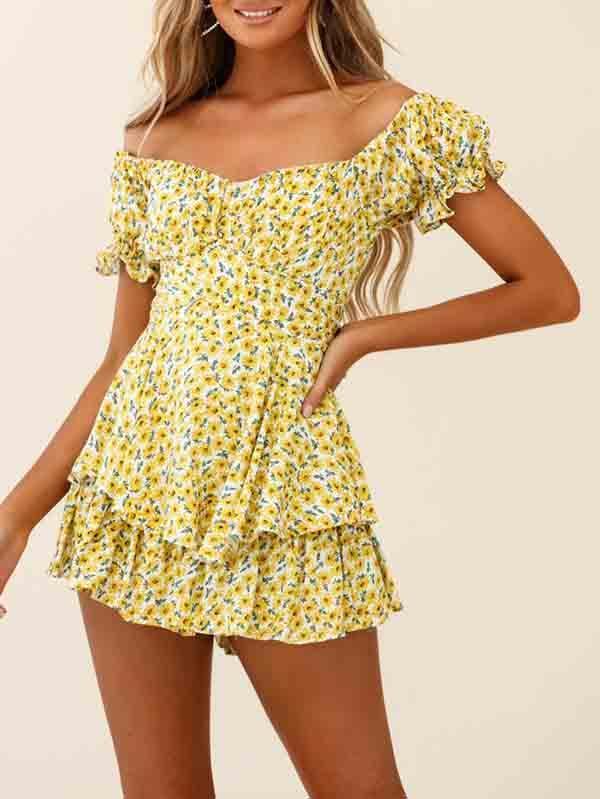 Women's Off Shoulder Short Sleeves Layered Ruffle Rompers