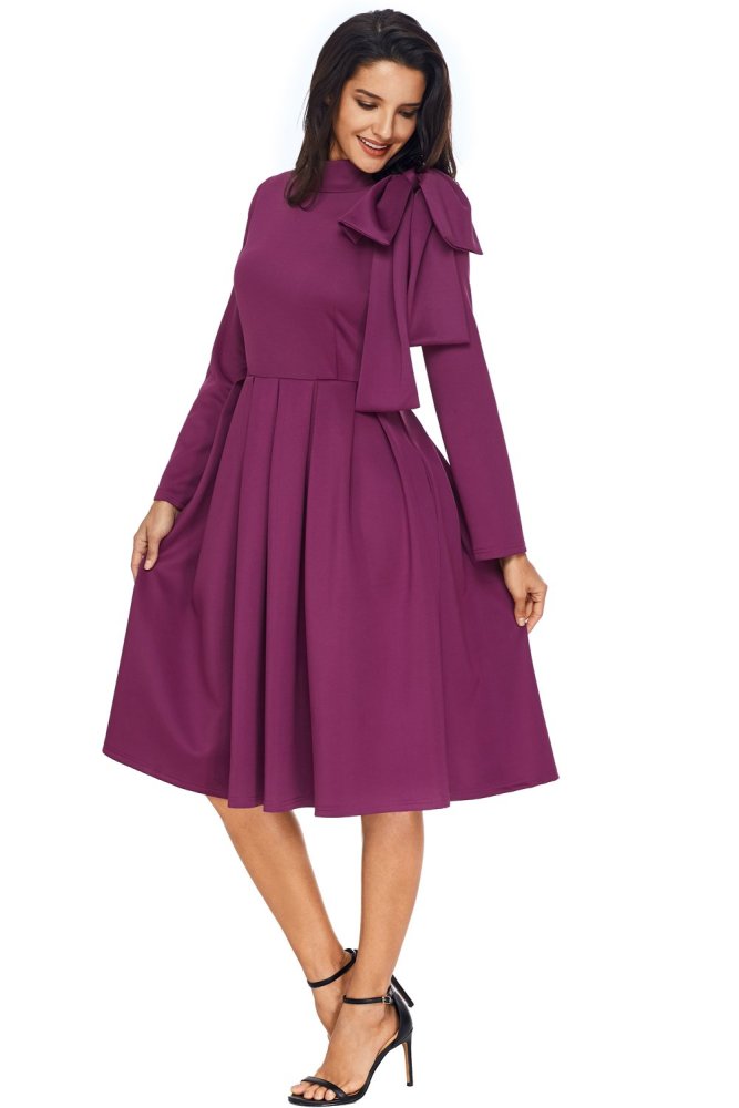 Burgundy Bowknot Embellished Mock Neck Pocket Dress