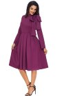 Burgundy Bowknot Embellished Mock Neck Pocket Dress
