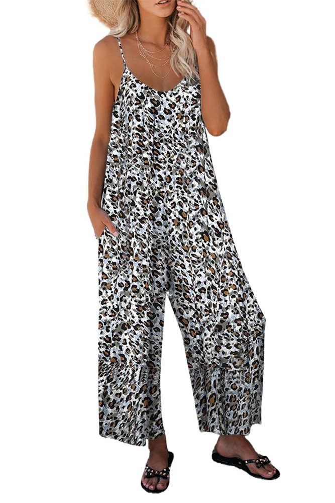 Palm Leaves Print Spaghetti Strap Wide Leg jumpsuit