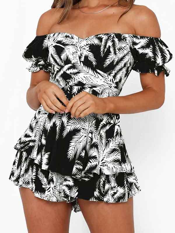 Women's Off Shoulder Short Sleeves Layered Ruffle Rompers