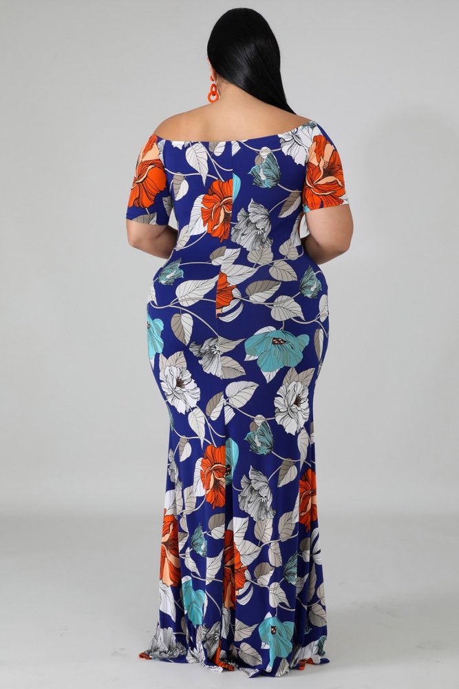 Off-the-shoulder Floral Print Plus Size Maxi Dress