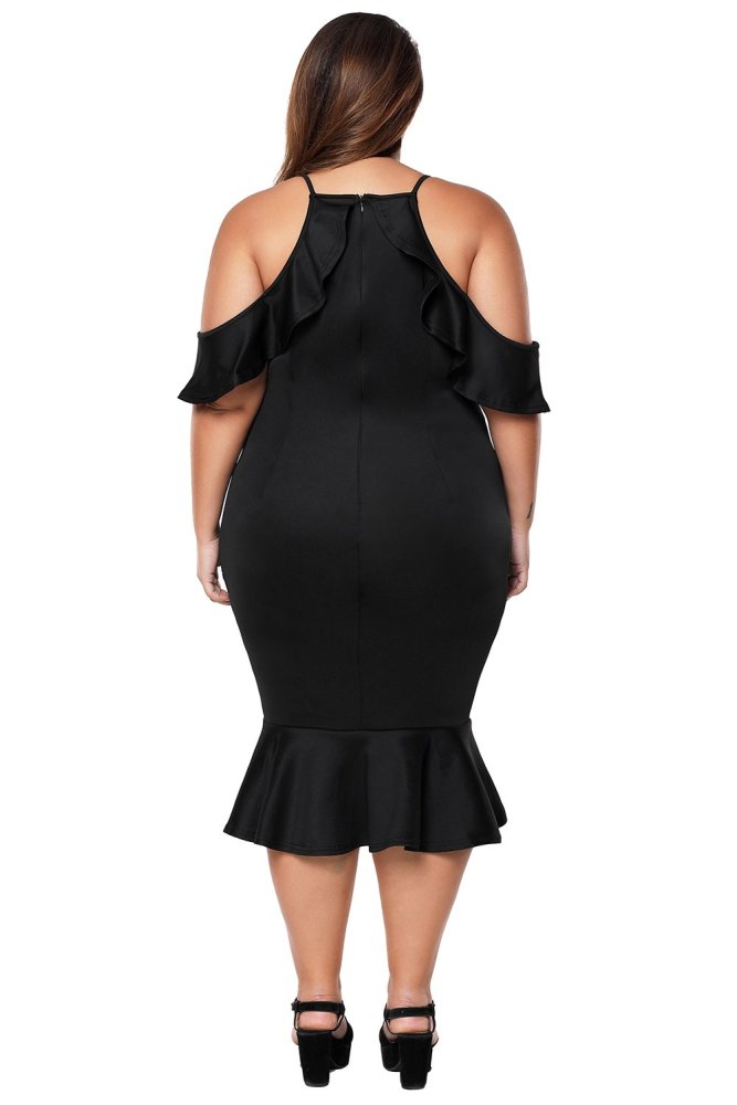 Plus Size Ruffle Cold Shoulder Flounced Party Dress