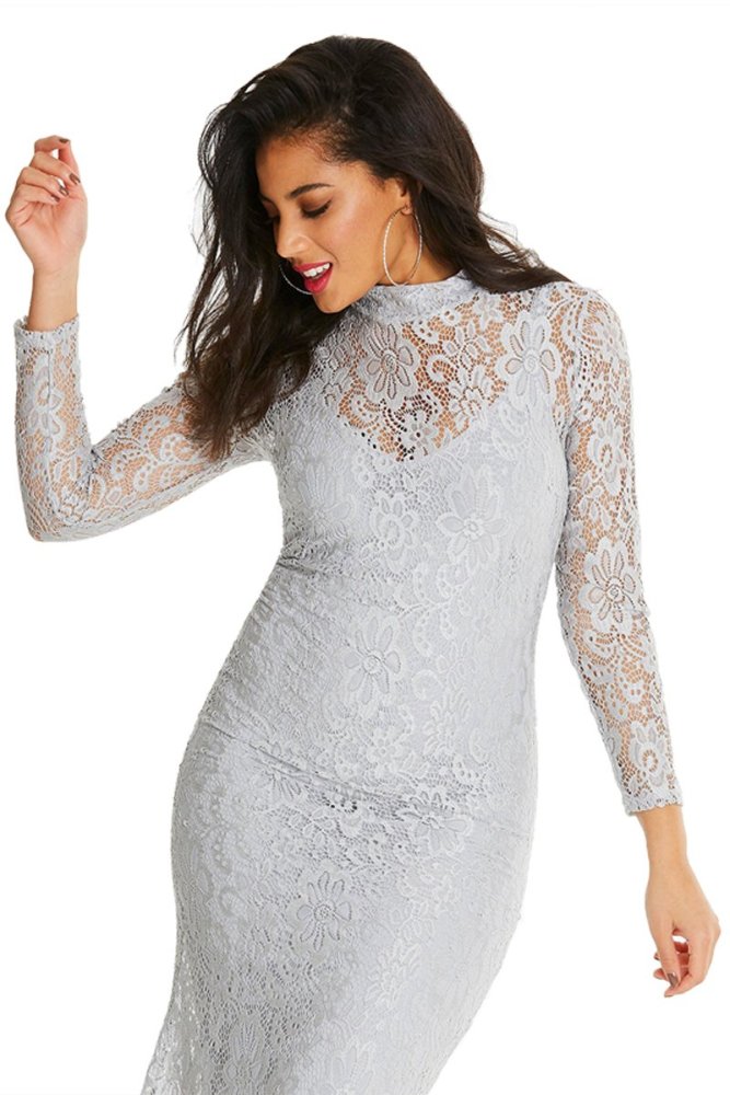 Plus Size High Neck Lace Fishtail Maxi Dress