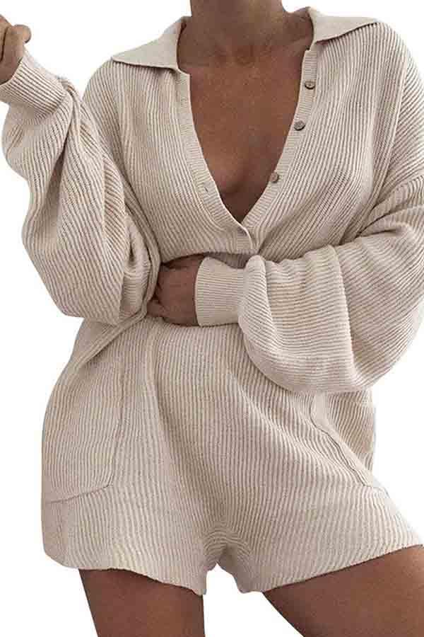 Womens Rib Knit V-shape Lapel Long Sleeve Romper Shorts