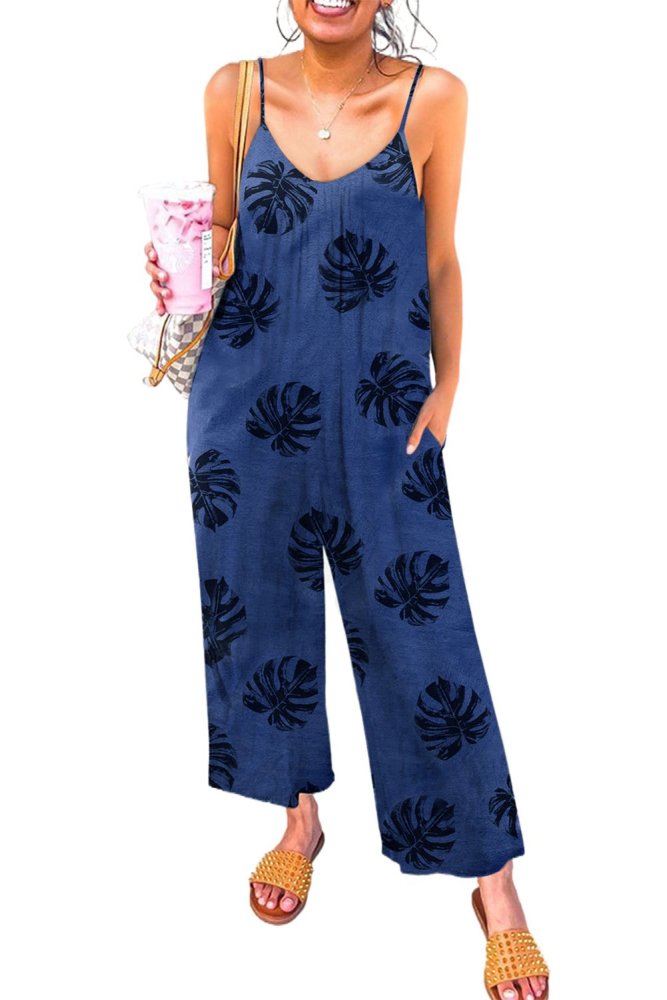 Palm Leaves Print Spaghetti Strap Wide Leg jumpsuit