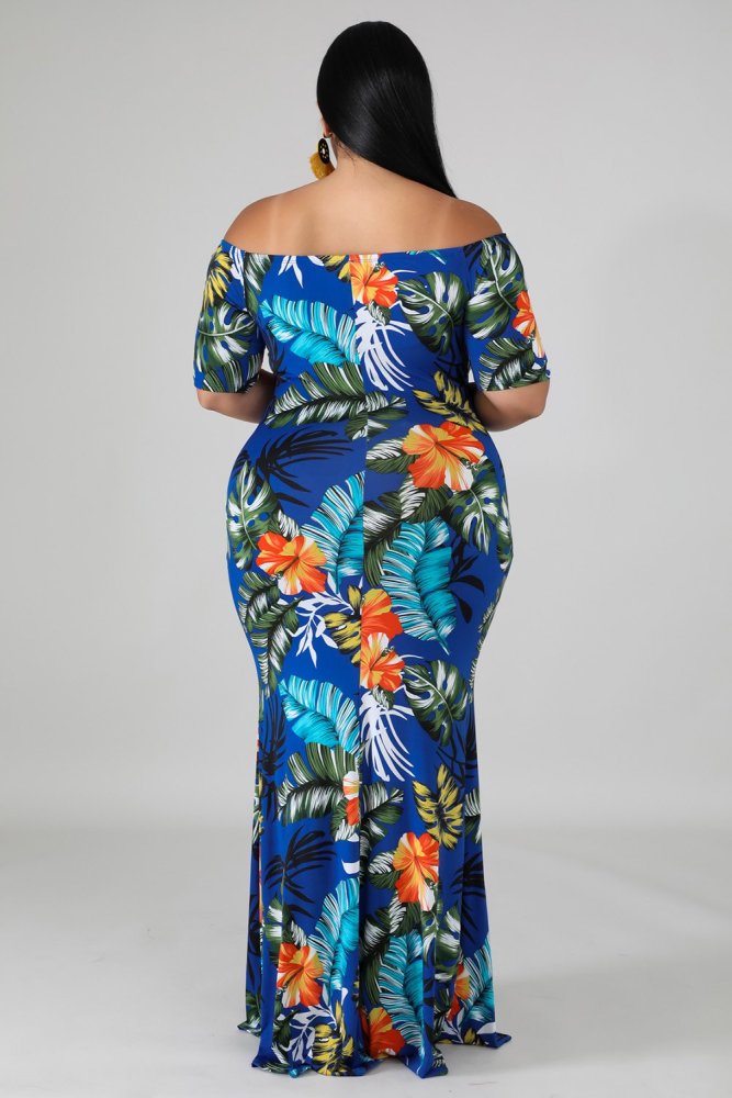 Off-the-shoulder Floral Print Plus Size Maxi Dress