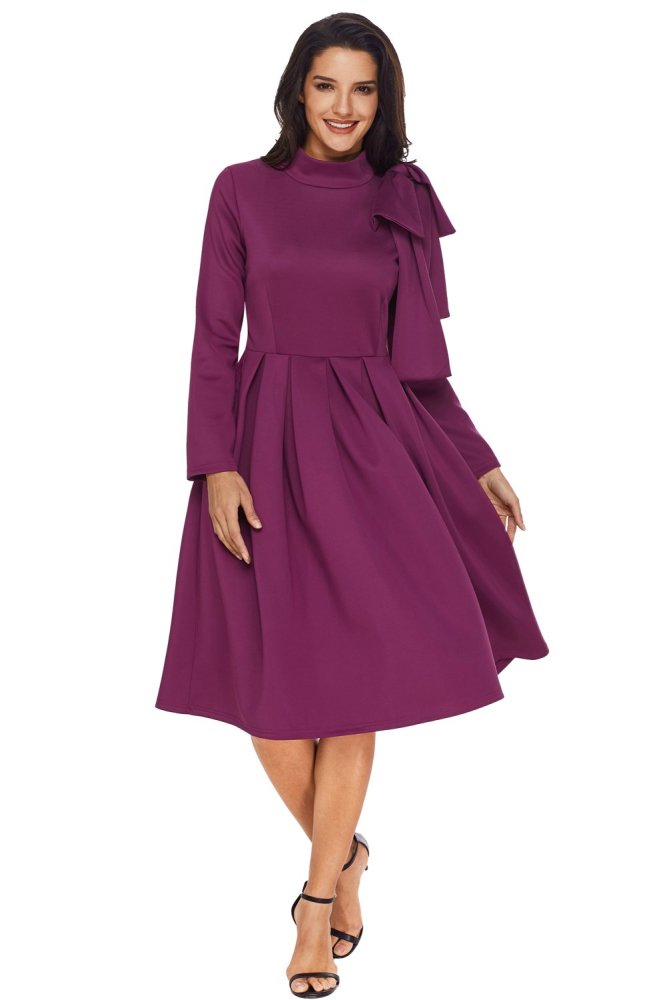 Burgundy Bowknot Embellished Mock Neck Pocket Dress