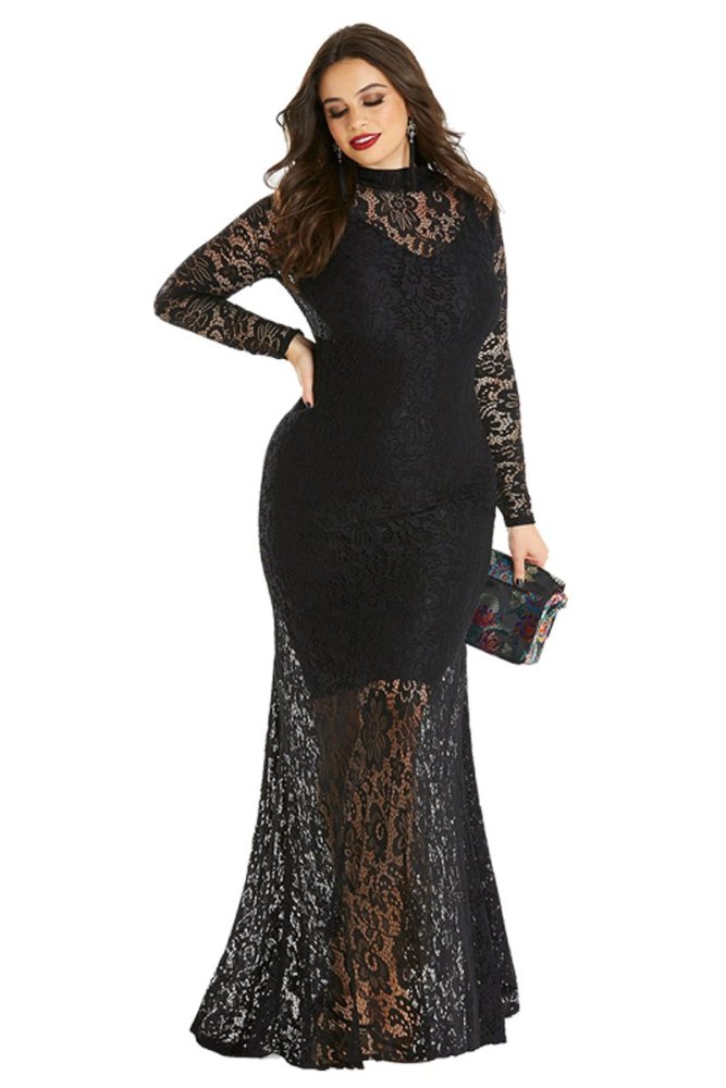 Plus Size High Neck Lace Fishtail Maxi Dress