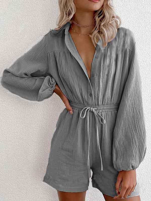 Black Long Sleeve Romper Button Down Short Jumpsuit For Women