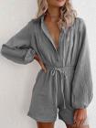 Black Long Sleeve Romper Button Down Short Jumpsuit For Women