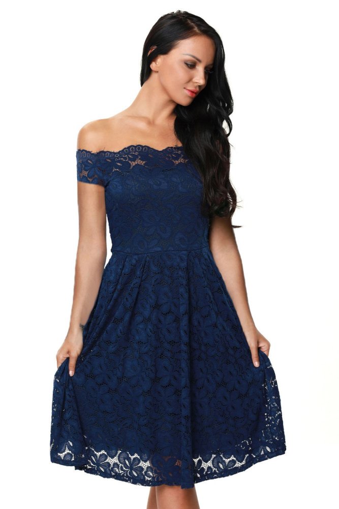 Wine Scalloped Off Shoulder Flared Lace Dress