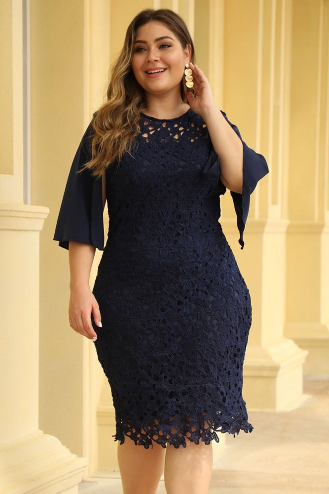 Flutter Slit Sleeve Crocthet Lace Plus Size Dress