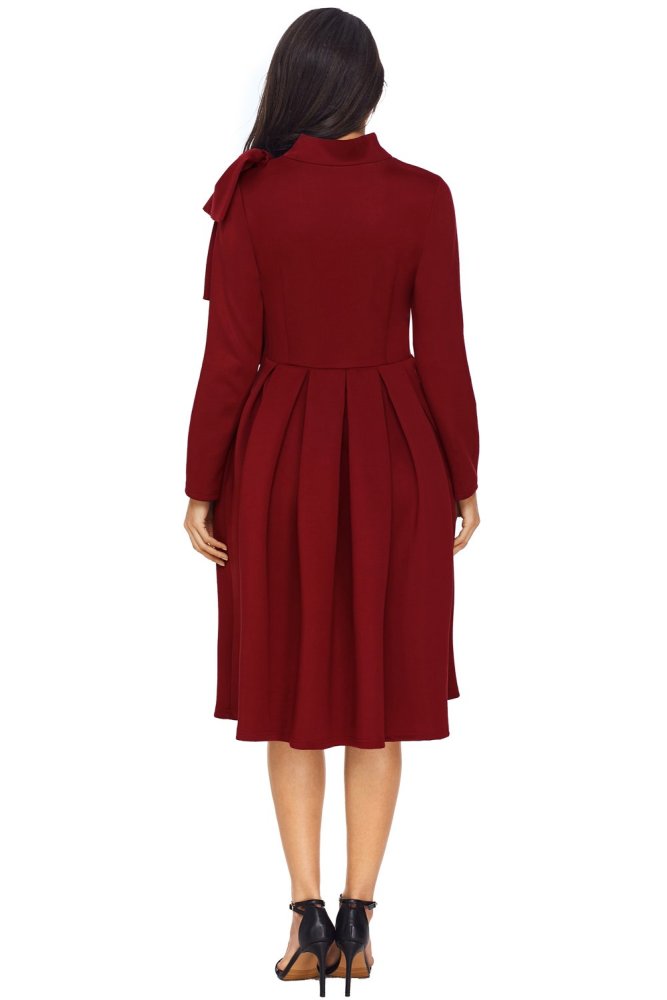 Burgundy Bowknot Embellished Mock Neck Pocket Dress