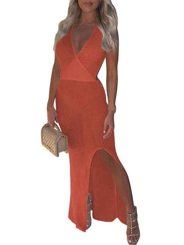 Sleeveless V Neck Sheer Maxi Dress With Slit