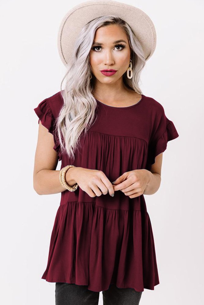 Short Sleeve Keyhole Ruffled Babydoll Top