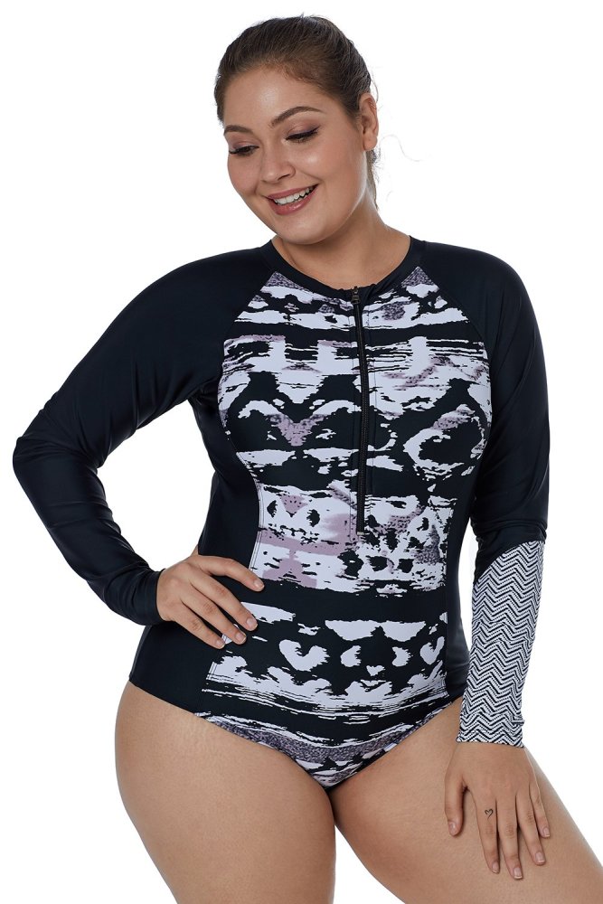 Irregular Sleeve Rash Guard Top with Abstract Print